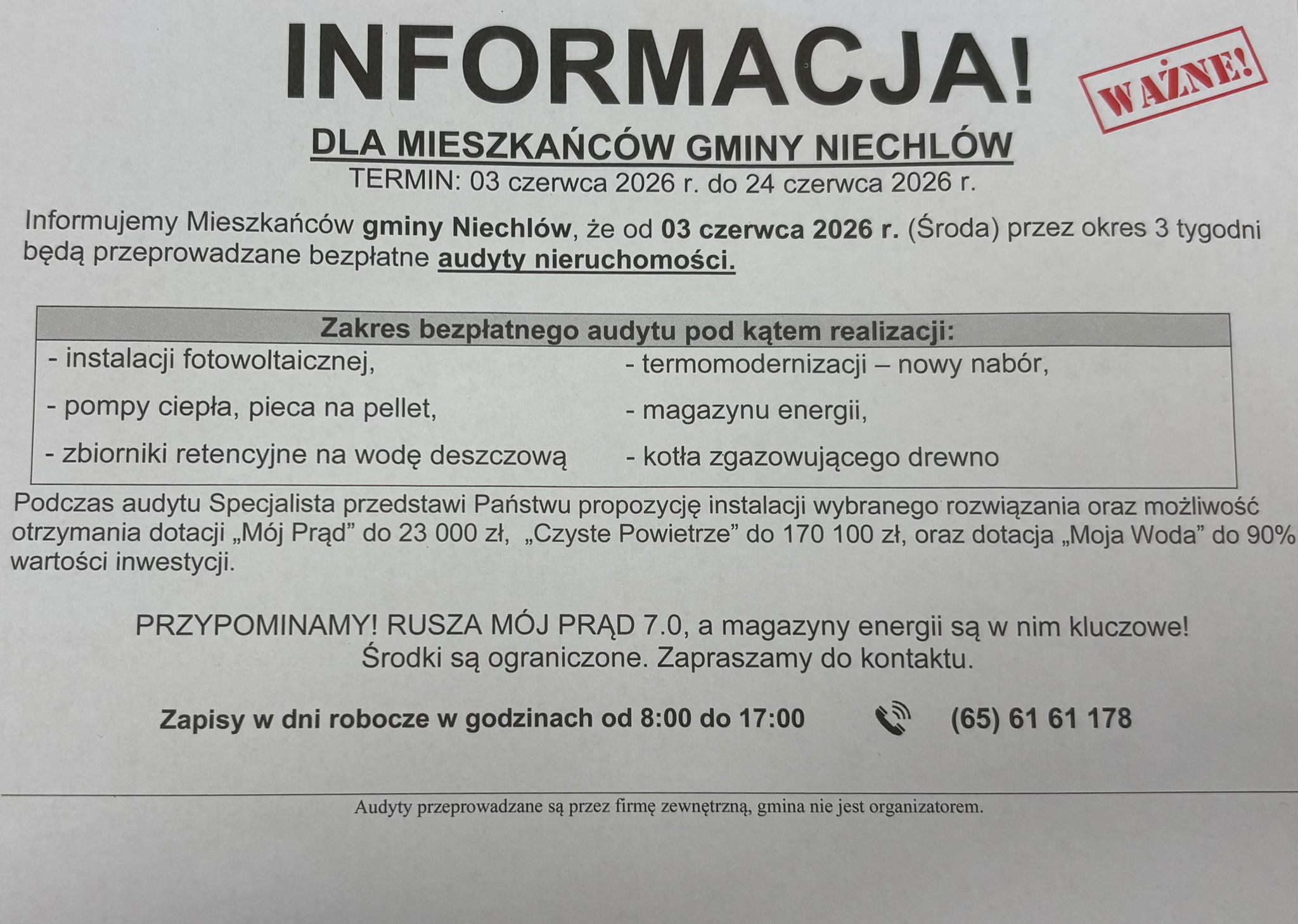 Informacja o audytach nieruchomości w Gminie Niechlów - ostrzeżenie dla mieszkańców
