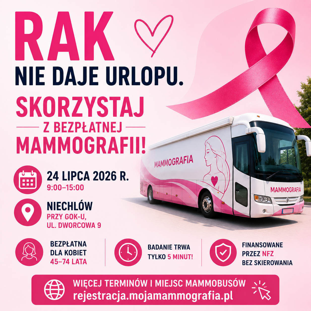 Rak nie daje urlopu. Zadbaj o swoje zdrowie – skorzystaj z bezpłatnej mammografii!