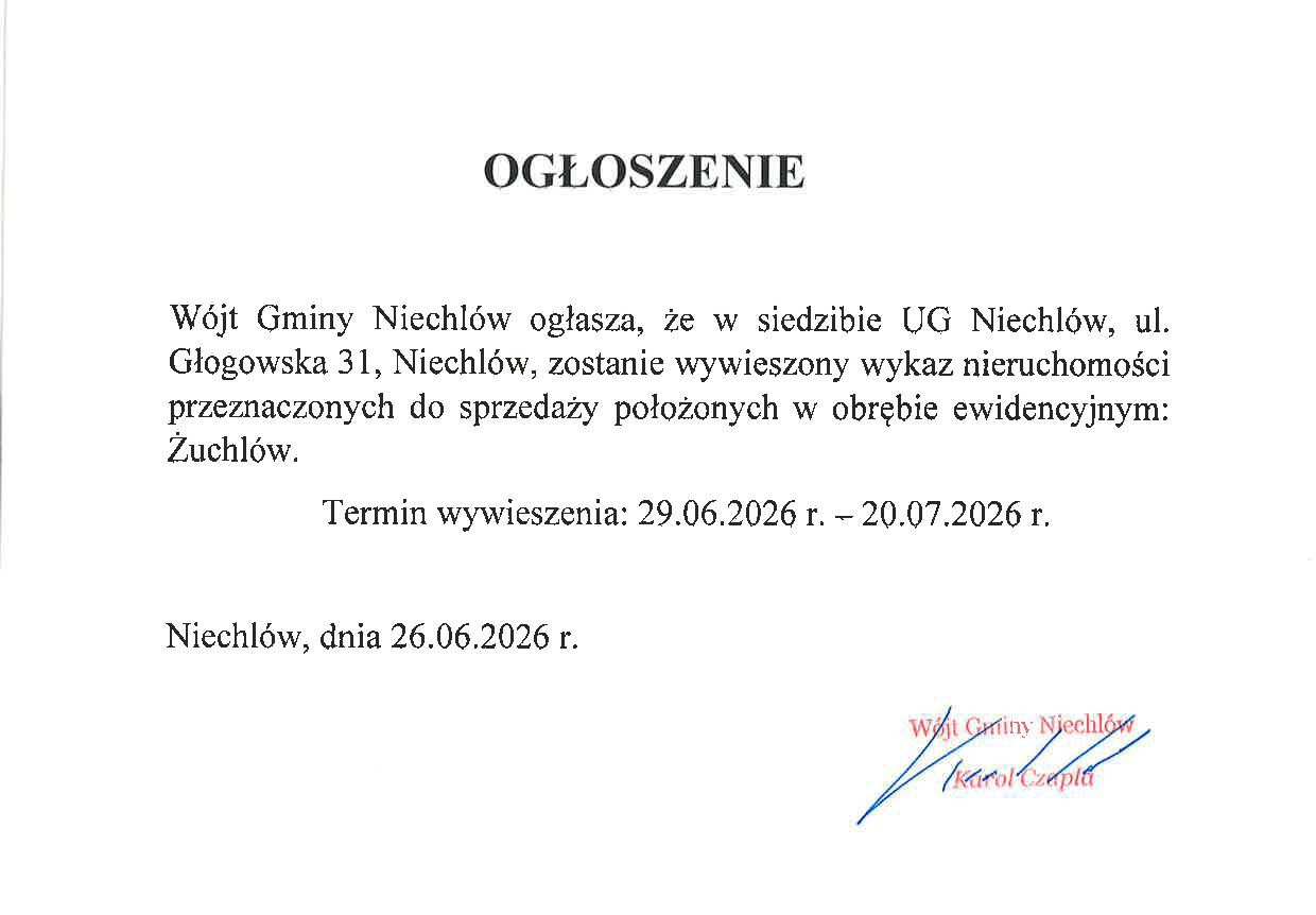 Ogłoszenie o wykazie nieruchomości przeznaczonych na sprzedaż w Żuchlowie