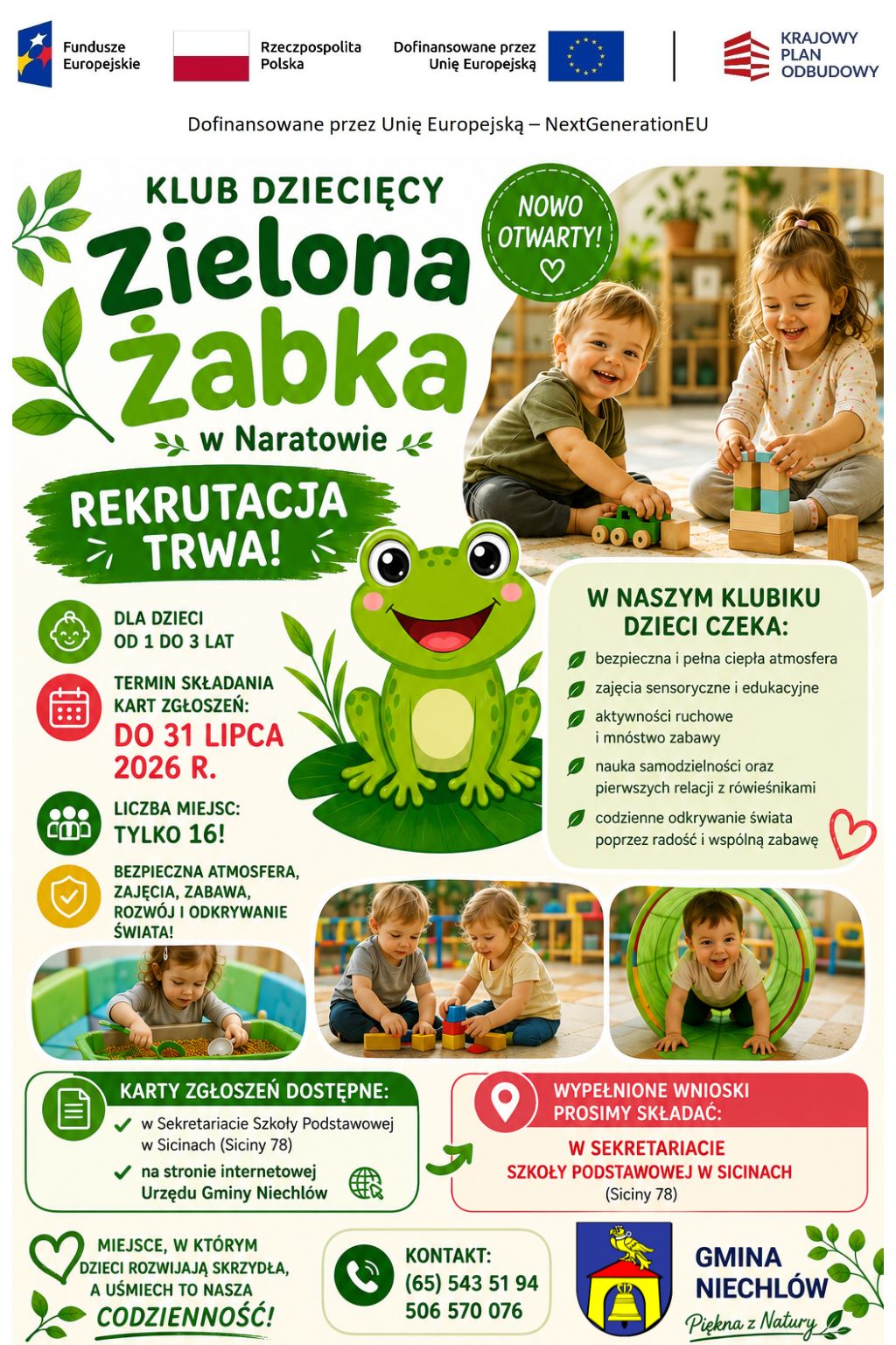 Trwa rekrutacja do nowo otwartego Klubu Dziecięcego „Zielona Żabka” w Naratowie!
